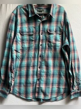 Vintage Eddie Bauer Plaid Flannel Button Up Shirt Teal Coral Mens XXL